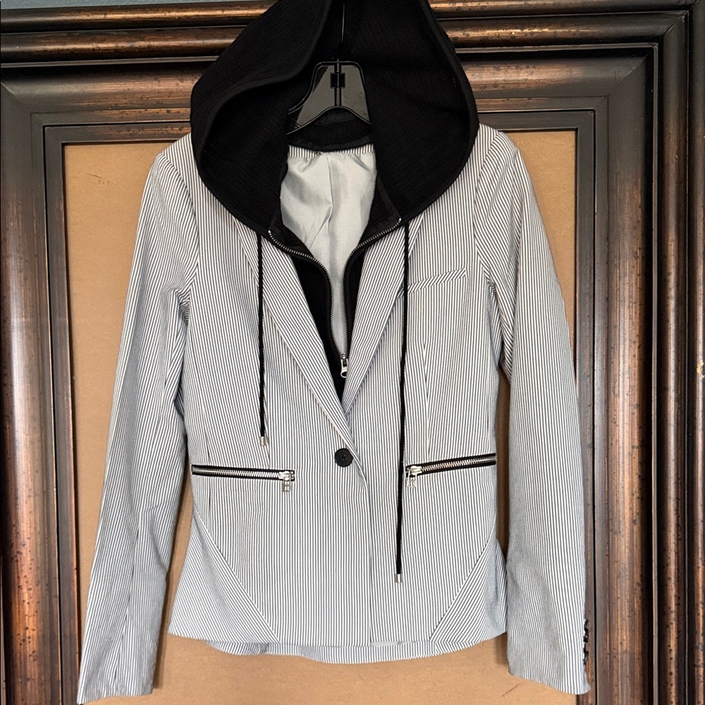 Stripe Navy & White Jacket with Black trim & Removable Black Knit Hooded Dickey